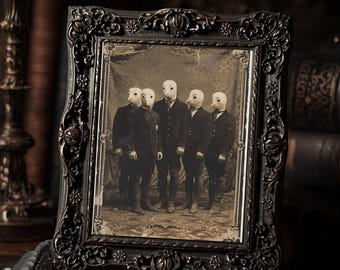 Victorian Bird Head Gentlemen  Gothic Weird Vintage Sepia Creepy Group Portrait Art Print Dark Wall Decor