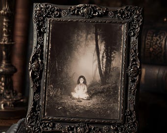 Creepy Doll With Candle Gothic Halloween Wall Art Print  Sepia Vintage Spooky Forest Photograph Eerie Haunted Decor