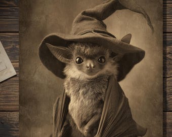 Vintage Victorian Bat Witch Costume Halloween Card Gothic Antique Style Photography Blank Inside