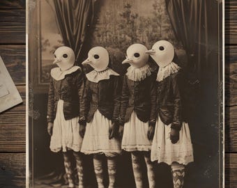 Vintage Girls In Bird Masks Gothic Greeting Card Creepy Antique Costume Photograph Weird Spooky Card Blank Inside