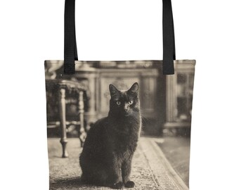 Vintage Black Cat Tote Bag Gothic Victorian Cat Portrait