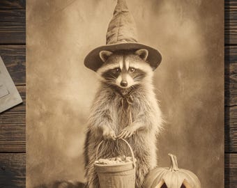 Vintage Victorian Raccoon Witch Halloween Card Creepy Cute Gothic Greeting Card
