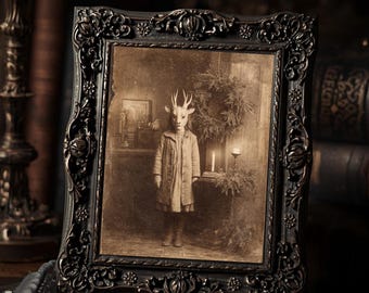 Creepy Deer Mask Child Christmas Print  Gothic Holiday Wall Art Weird Macabre Antique Style Photograph