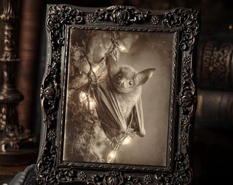 Christmas Bat with Lights  Art Print Gothic Cute Creepy Holiday Wall Art Sepia Vintage Spooky Photography