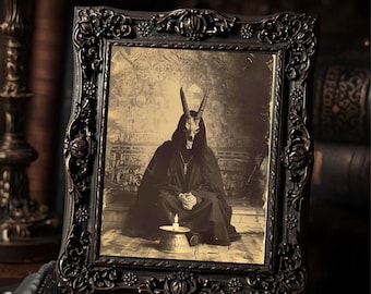 Horned Figure With Candle Gothic Occult Sepia Vintage Style  Art Print Dark Weird Wall Decor