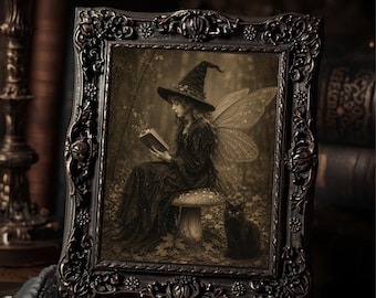 Vintage Victorian Witch Fairy Halloween Art Print Black Cat Enchanted Forest Gothic Antique Style Photography