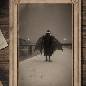 May include: A framed print featuring a dark, winged creature with glowing red eyes wearing a red and white Santa hat. The figure stands in a snowy landscape near a bridge during a winter night, captured in a vintage, sepia-toned photographic style.