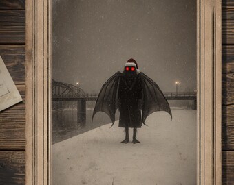 Vintage Victorian Mothman Christmas Card Gothic Cryptid Santa Hat Winter Antique Style Photo Blank Inside