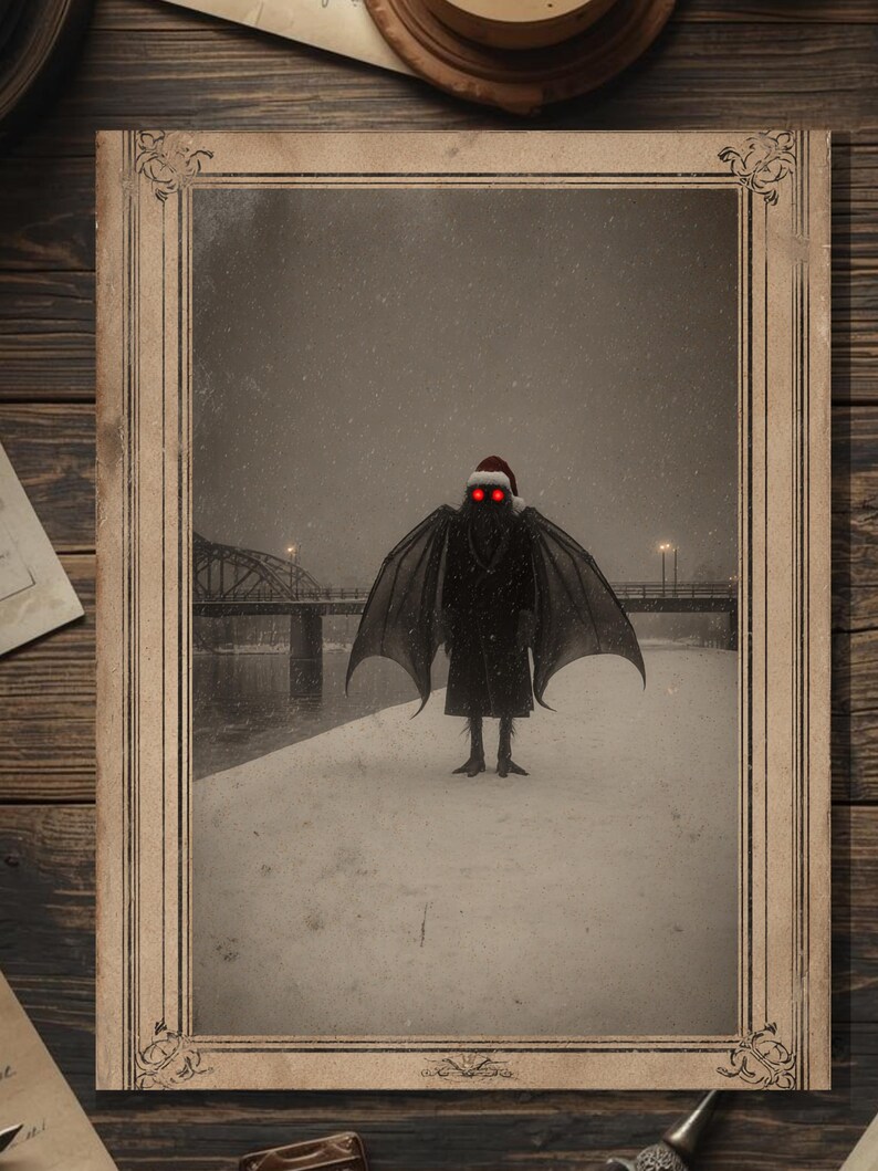 May include: A framed print featuring a dark, winged creature with glowing red eyes wearing a red and white Santa hat. The figure stands in a snowy landscape near a bridge during a winter night, captured in a vintage, sepia-toned photographic style.