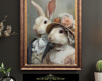Victorian Rabbit Couple Portrait Elegant Anthropomorphic Bunnies Fine Art Oil Style Print