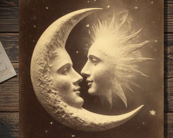 Vintage Gothic Sun and Moon Card Victorian Style Celestial Romance Blank Inside