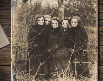 Creepy Masked Women In The Woods Gothic Weird Vintage Sepia Group Portrait Art Greeting Card Blank Inside