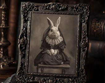 Vintage Gothic Easter Rabbit Print Victorian Style Dark Bunny Holding Egg Wall Art