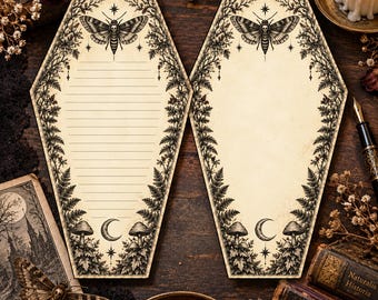 Coffin Shaped Stationery Deaths Head Moth Gothic Victorian Halloween Writing Paper Lined or Unlined Vintage Letter Set