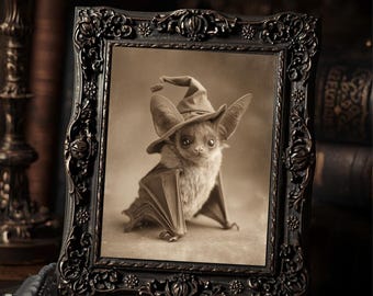Victorian Bat Witch Hat Halloween Print Gothic Antique Style Photography Wall Art