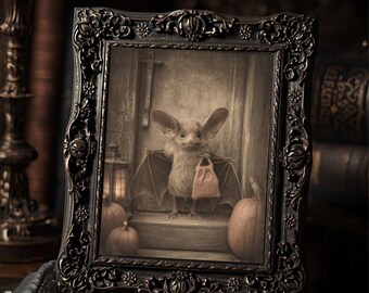 Victorian Bat Carving Pumpkin Halloween Print Gothic Antique Style Photography Wall Art