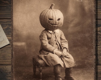Vintage Victorian Pumpkin Head Child Portrait Gothic Halloween Card Creepy Cute Jack O Lantern