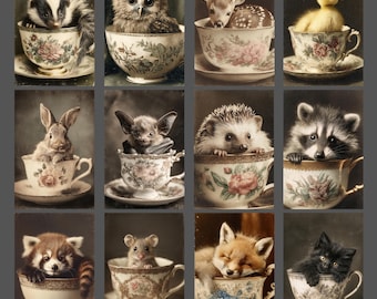 Baby Animals in Teacups Notecard Set of 12 Vintage Woodland Stationery Cute Forest Animal Blank Note Cards