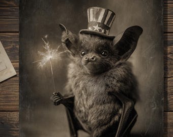 Vintage Victorian Patriotic Bat Card Gothic Fourth of July Art Antique Style Photography Blank Inside
