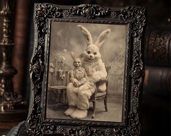 Vintage Victorian Creepy Easter Bunny Art Print Gothic Dark Fantasy Puppet Rabbit Portrait Antique Style