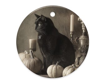 Vintage Victorian Black Cat Pumpkin Candle Ornament Gothic Halloween Cat