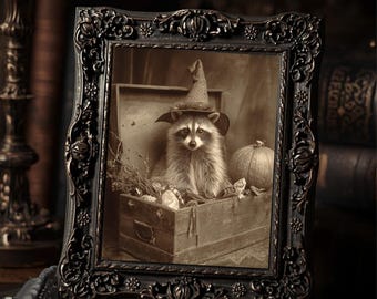 Vintage Witch Raccoon Halloween Print Cute Gothic Animal Wall Art