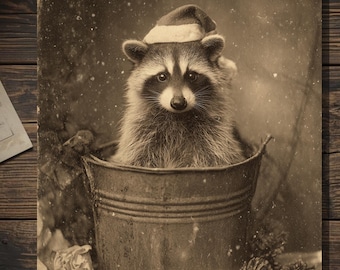 Vintage Victorian Christmas Raccoon Santa Hat Holiday Card Cute Winter Animal Greeting