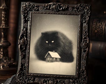 Vintage Victorian Icelandic Yule Cat Giant Black Cat Winter Folk Legend  Art Print Gothic Antique Style Snowy Wall Decor