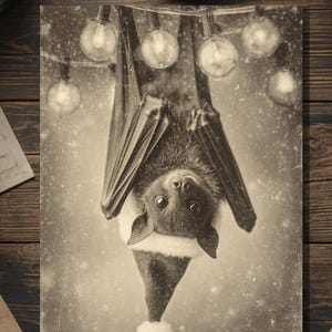 Vintage Victorian Bat in Santa Hat Christmas Lights Card Gothic Holiday Art Antique Style Photography Blank Inside