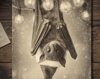 Vintage Victorian Bat in Santa Hat Christmas Lights Card Gothic Holiday Art Antique Style Photography Blank Inside