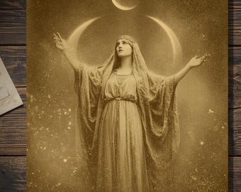 Vintage Victorian Moon Goddess Greeting Card Celestial Witch Lunar Art Antique Style Photography Blank Inside