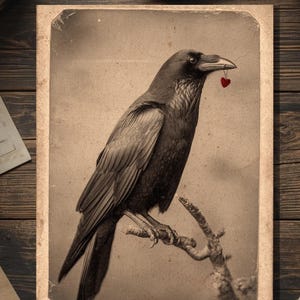Vintage Victorian Raven with Tiny Red Heart Valentine Card Gothic Macabre Antique Photography Blank Inside