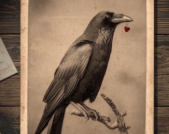 Vintage Victorian Raven with Tiny Red Heart Valentine Card Gothic Macabre Antique Photography Blank Inside
