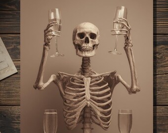 Vintage Victorian Skeleton Toasting Divorce Card Gothic Dark Humor Art Antique Style Photography Blank Inside