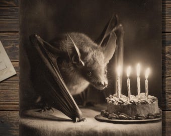 Vintage Victorian Bat Making a Birthday Wish Card Gothic Antique Style Photo Blank Inside