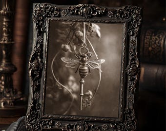 Victorian Bee Key Print Gothic Wall Art Antique Sepia Insect Skeleton Key Nature Decor