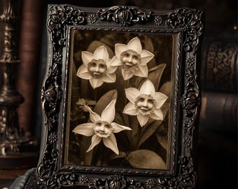 Victorian Daffodil Faces Print Gothic Surreal Wall Art Antique Sepia Floral Decor
