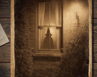 Witch In The Window Gothic Halloween Greeting Card Vintage Sepia Creepy Witch Silhouette Spooky Haunted Photograph Blank Inside