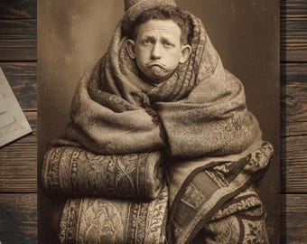 Vintage Victorian Sick Man in Blankets Get Well Card Gothic Dark Humor Art Antique Style Photography Blank Inside