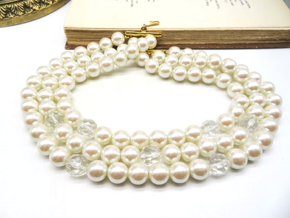 Vintage Chunky Layered White Faux Pearl Crystal B… - image 1