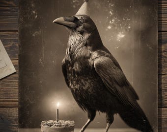 Vintage Gothic Crow Birthday Card Raven With Cake Victorian Style Photo Blank Inside