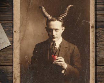 Vintage Victorian Horned Demon Man Holding Heart Valentine Card Gothic Devilish Antique Cabinet Photo Blank Inside