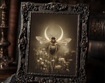 Victorian Lunar Bee Print Gothic Nature Wall Art Antique Sepia Celestial Insect Decor