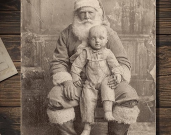 Vintage Victorian Santa with Creepy Cracked Doll Christmas Card Gothic Holiday Art Antique Style Photography Blank Inside
