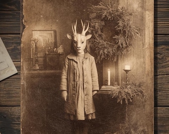 Vintage Victorian Child in Deer Skull Mask Christmas Card Gothic Holiday Art Antique Style Photography Blank Inside