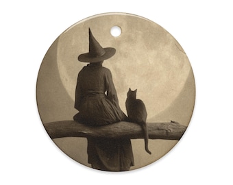 Vintage Victorian Witch Black Cat Halloween Ornament Gothic Moon Decor