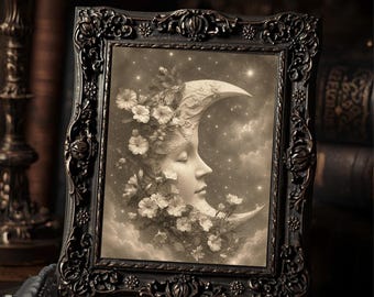 Vintage Victorian Celestial Moon Face Print Gothic Floral Wall Art