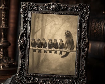 Vintage Victorian Cat And Birds On Branch Gothic Dark Humor  Art Print Antique Style Animal Wall Decor