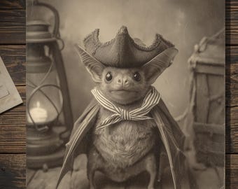Vintage Victorian Pirate Bat Halloween Card Gothic Antique Style Photography Blank Inside