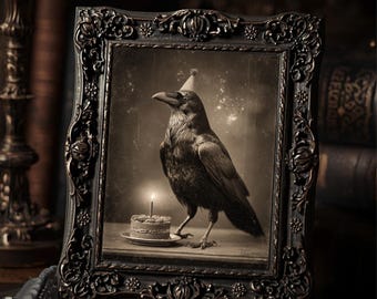 Vintage Gothic Crow Birthday Art Print Raven With Cake Victorian Style Photo
